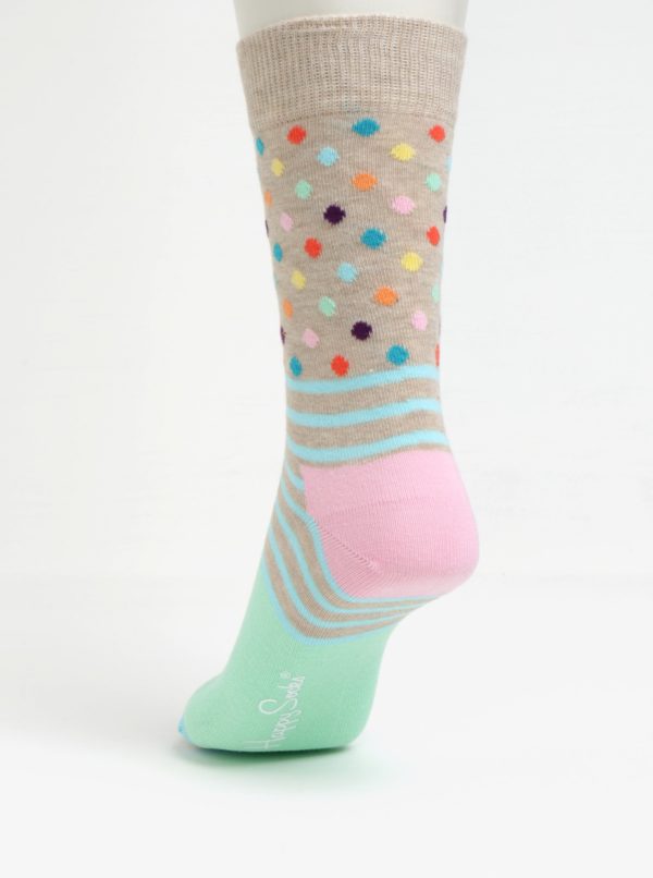 Zeleno-béžové dámske vzorované ponožky Happy Socks Stripes Dots