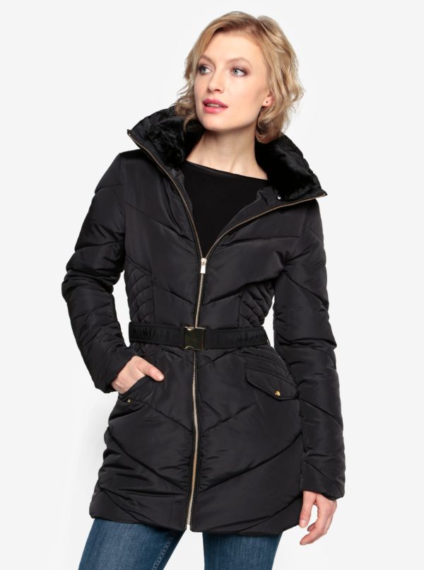 Čierny prešívaný zimný kabát s vysokým golierom Oasis Cairnwell