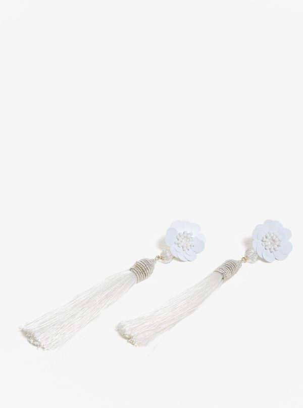 Biele náušnice s kvetovaným motívom a strapcami Pieces Joanna