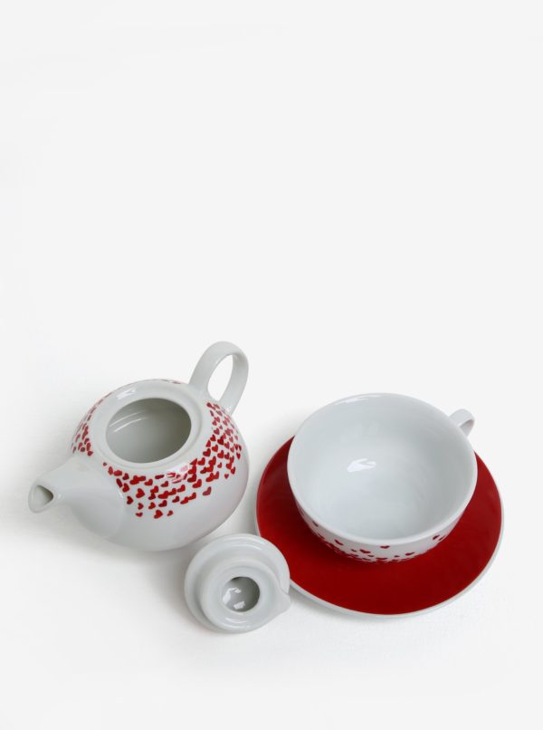 Súprava porcelánovej kanvice, šálky a podšálky v červenej farbe Kaemingk
