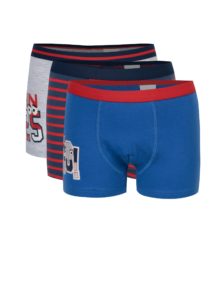 Súprava troch chlapčenských vzorovaných boxeriek modrej, červenej a sivej farby 5.10.15.