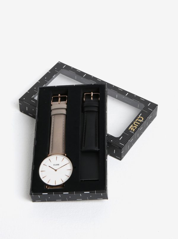 Dámske hodinky v zlatej farbe s vymeniteľnými koženými remienkami v čiernej a sivej farbe CLUSE