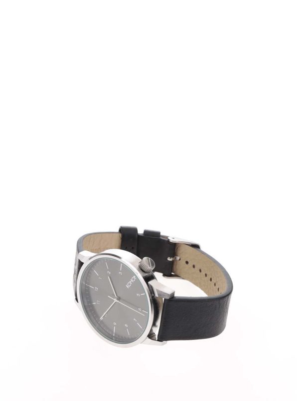 Unisex hodinky v striebornej farbe s čiernym koženým remienkom Komono Winston Regal