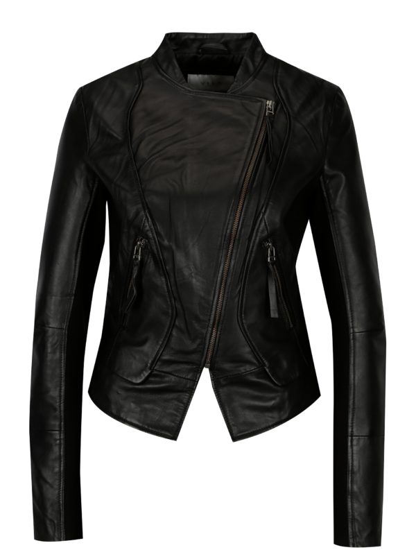 Čierna kožená bunda s asymetrickým zipsom VILA Tully