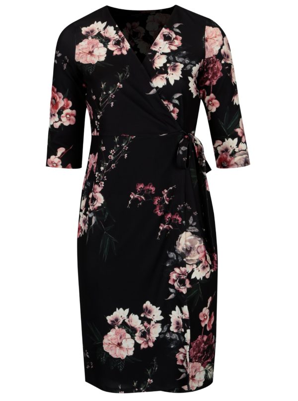 Čierne kvetované zavinovacie šaty s 3/4 rukávom Dorothy Perkins Curve