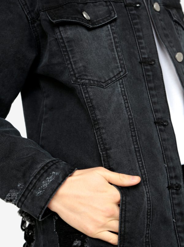 Čierna dlhá rifľová bunda s roztrhaným efektom MISSGUIDED