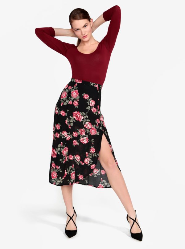 Čierna kvetovaná priesvitná sukňa s rozparkom Miss Selfridge