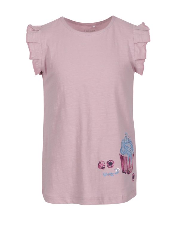 Ružové dievčenské tričko s volánmi a flitrami name it Haylow