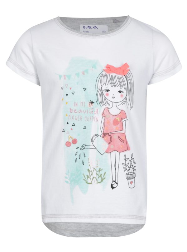 Sivo-krémové dievčenské tričko s potlačou a výšivkou 5.10.15.