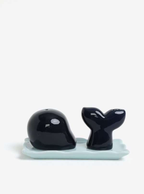 Súprava keramickej soľničky a koreničky v tvare veľryby v tmavomodrej farbe CGB