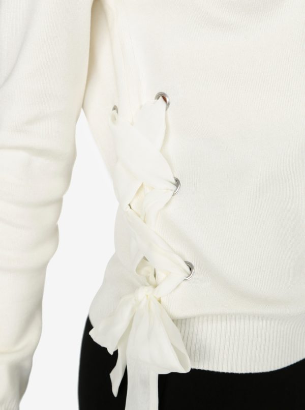 Krémový sveter s véčkovým výstrihom a šnurovaním VERO MODA Babetta
