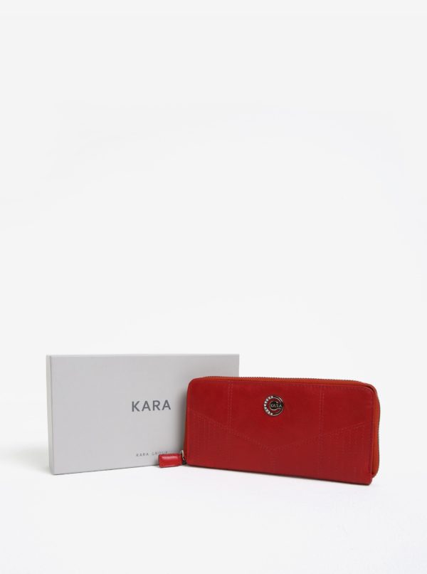Červená dámska veľká kožená peňaženka na zips KARA