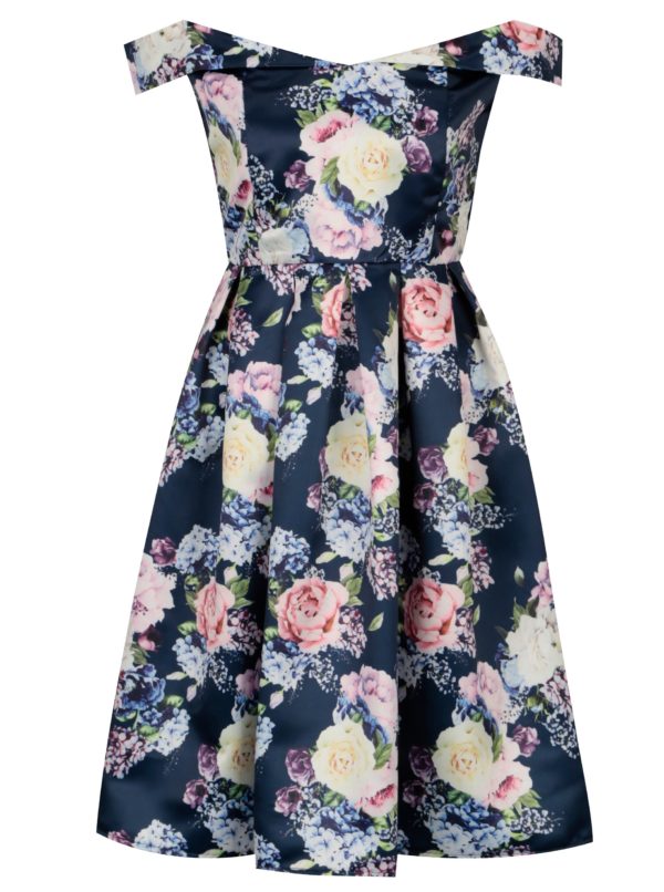 Tmavomodré kvetované šaty s odhalenými ramenami Mela London