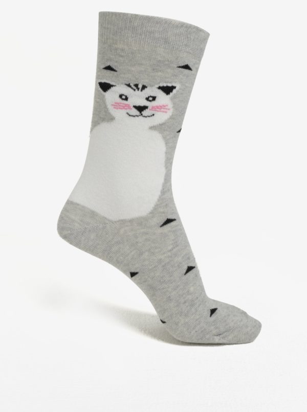Svetlosivé dámske vzorované ponožky s motívom mačky ZOOT