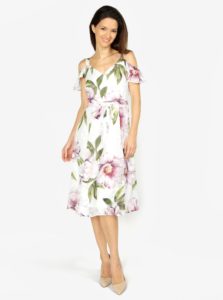 Krémové kvetované šaty s odhalenými ramenami M&Co