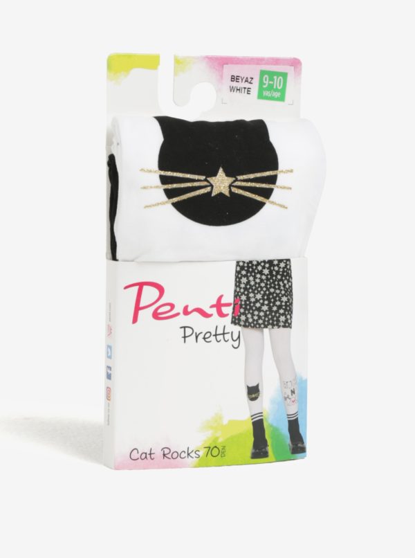 Čierno-biele dievčenské pančuchy s motívom mačky Penti Pretty Cat Rocks 70 DEN