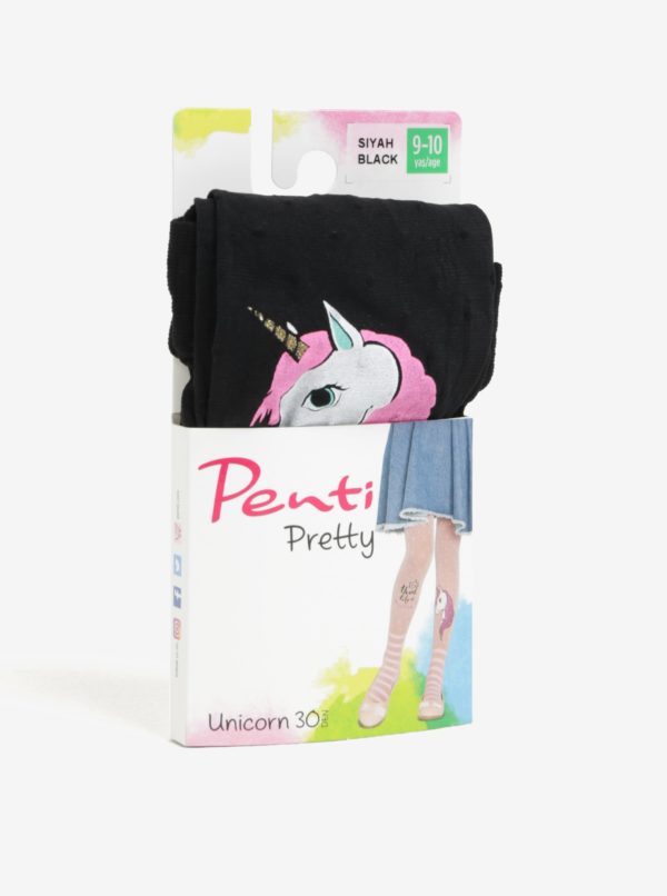 Čierne dievčenské bodkované pančuchy s motívom jednorožca Penti Pretty Unicorn 30 DEN