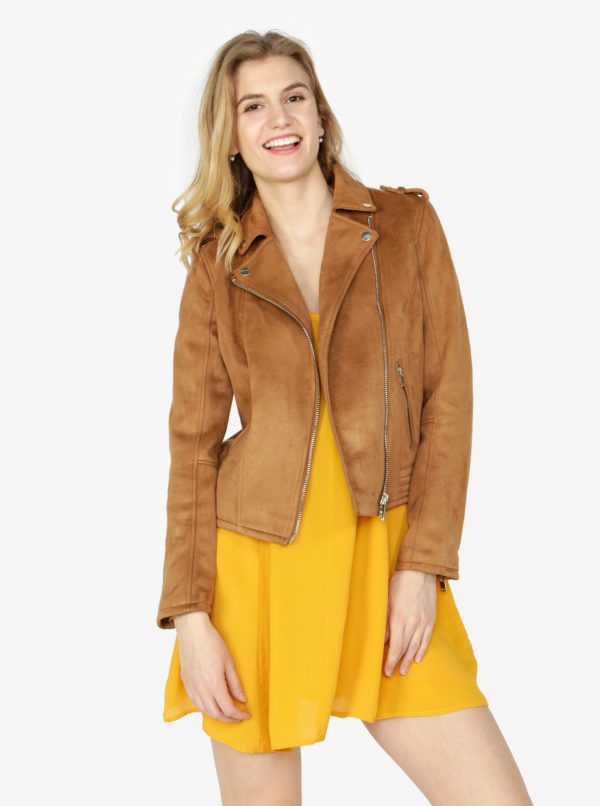 Hnedá koženková bunda v semišovej úprave Miss Selfridge