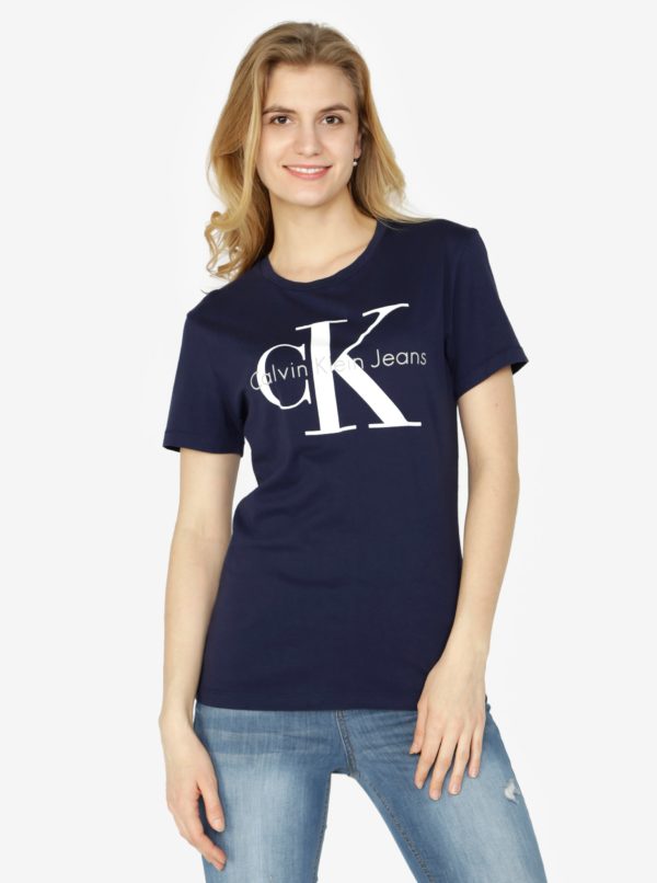 Tmavomodré dámske tričko s potlačou Calvin Klein Jeans Shrunken