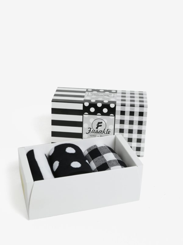 Súprava troch párov unisex ponožiek v bielo-čiernej farbe v darčekovej krabičke Fusakle