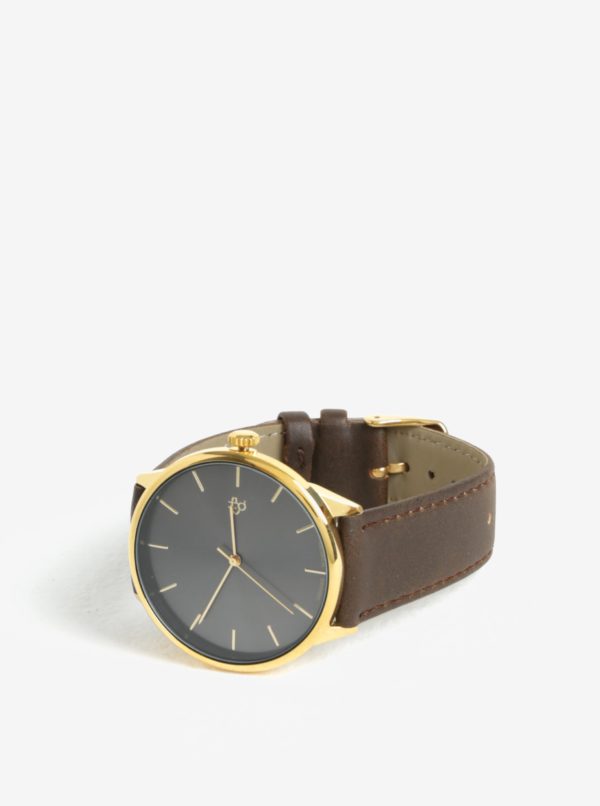 Unisex hodinky v zlatej farbe s hnedým remienkom z vegánskej kože Cheapo Khorshid Gold