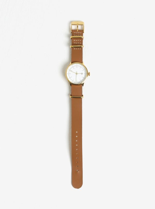 Dámske hodinky v zlatej farbe s hnedým koženým remienkom CHPO Harold Mini Gold