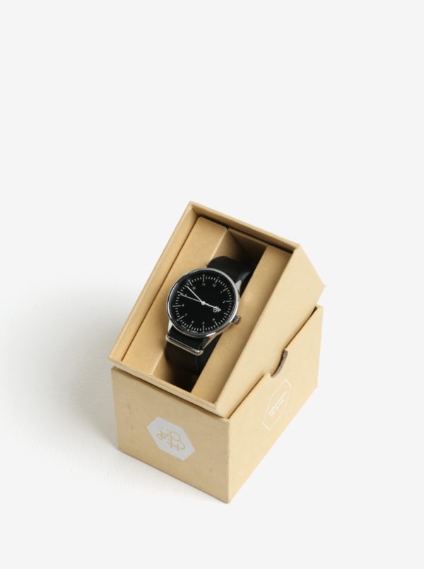 Unisex hodinky v striebornej farbe s čiernym koženým remienkom CHPO Harold