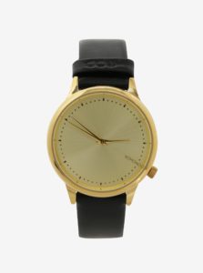 Dámske hodinky v zlatej farbe s čiernym koženým remienkom Komono Estelle