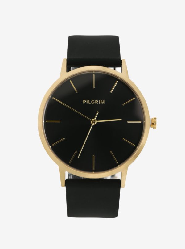 Pozlátené hodinky s čiernym silikónovým remienkom Pilgrim