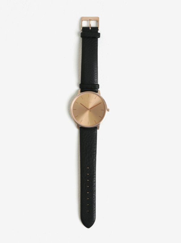 Pozlátené hodinky v ružovozlatej farbe s čiernym koženým remienkom Pilgrim