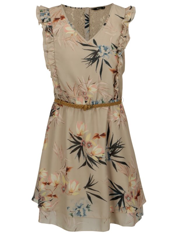 Béžové kvetované šaty s čipkou na chrbte a volánikmi ONLY Libby