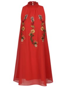 Červené šaty so stojáčikom a kvetovanou výšivkou Desigual Angy