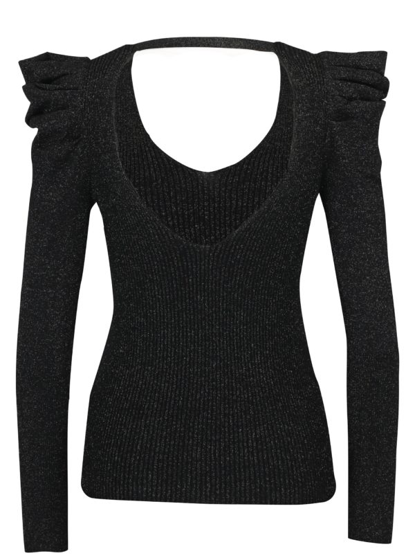 Čierny trblietavý sveter s riasením na rukávoch Miss Selfridge