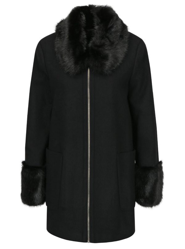 Čierny kabát s umelou kožušinou Miss Selfridge