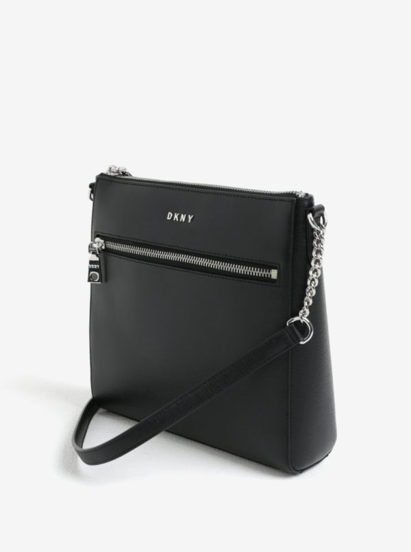 Čierna kožená crossbody kabelka s detailmi v striebornej farbe DKNY Bryant