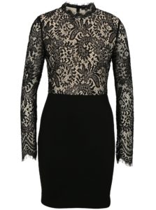 Béžovo-čierne čipkované šaty s dlhým rukávom MISSGUIDED