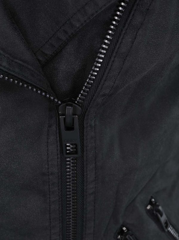 Čierna koženková bunda s vreckami ONLY Biker