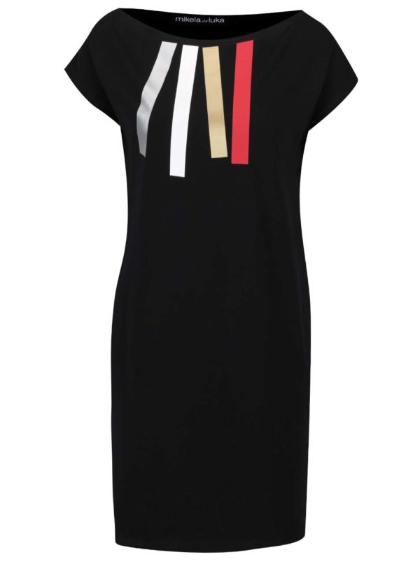 Čierne šaty s lodičkovým výstrihom a farebnými pruhmi Mikela da Luka