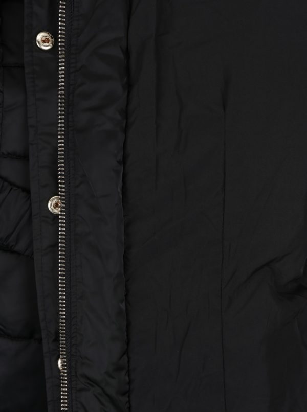 Čierny zimný prešívaný kabát s umelou kožušinou Miss Selfridge