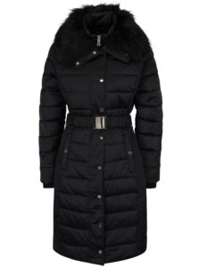 Čierny zimný prešívaný kabát s umelou kožušinou Miss Selfridge