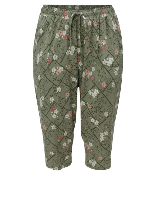 Zelené kvetované skrátené dámske nohavice s elastickým pásom M&Co