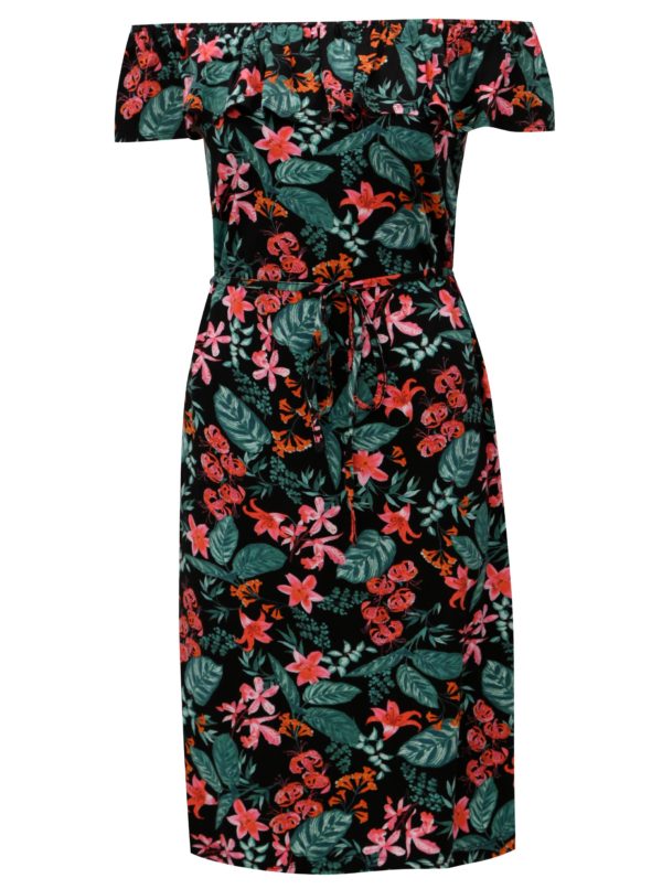 Čierne kvetované šaty s volánom a odhalenými ramenami M&Co