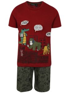 Kaki-červená chlapčenská vzorovaná súprava s kraťasmi a tričkom Mix´n Match