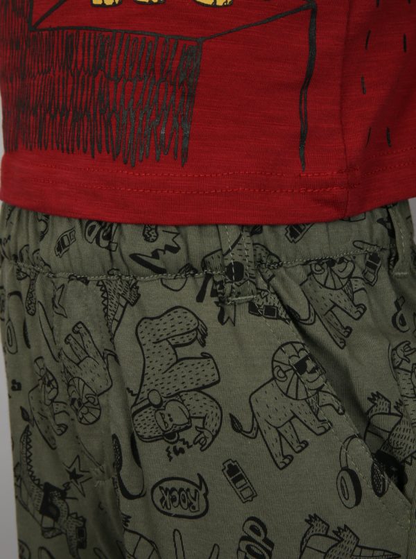 Kaki-červená chlapčenská vzorovaná súprava s kraťasmi a tričkom Mix´n Match