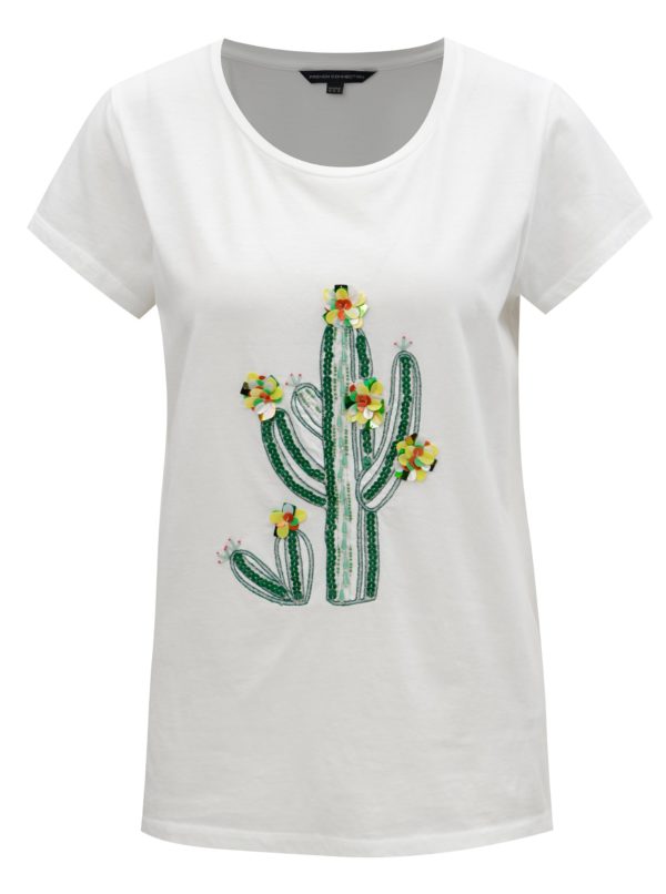 Biele tričko s flitrovanou výšivkou French Connection Cactus