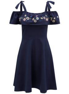 Tmavomodré šaty s kvetovanou výšivkou a odhalenými ramenami Dorothy Perkins