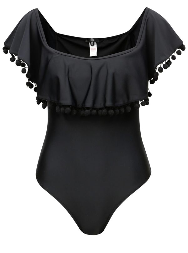 Čierne jednodielne plavky s volánom a odhalenými ramenami MISSGUIDED