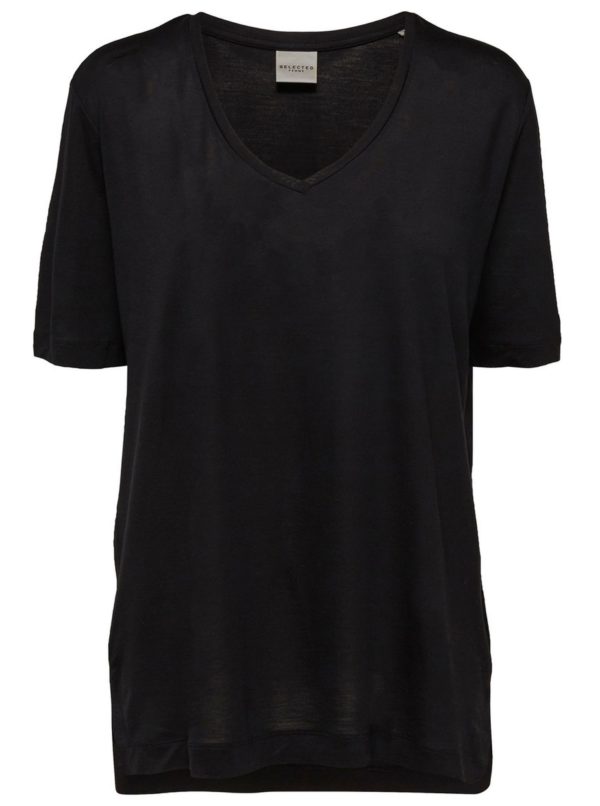 Čierne tričko s véčkovým výstrihom Selected Femme Lyro