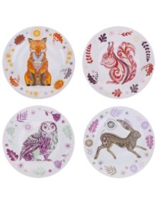Biela porcelánová súprava štyroch tanierikov s farebným vzorom lesných zvierat Magpie Sideplates