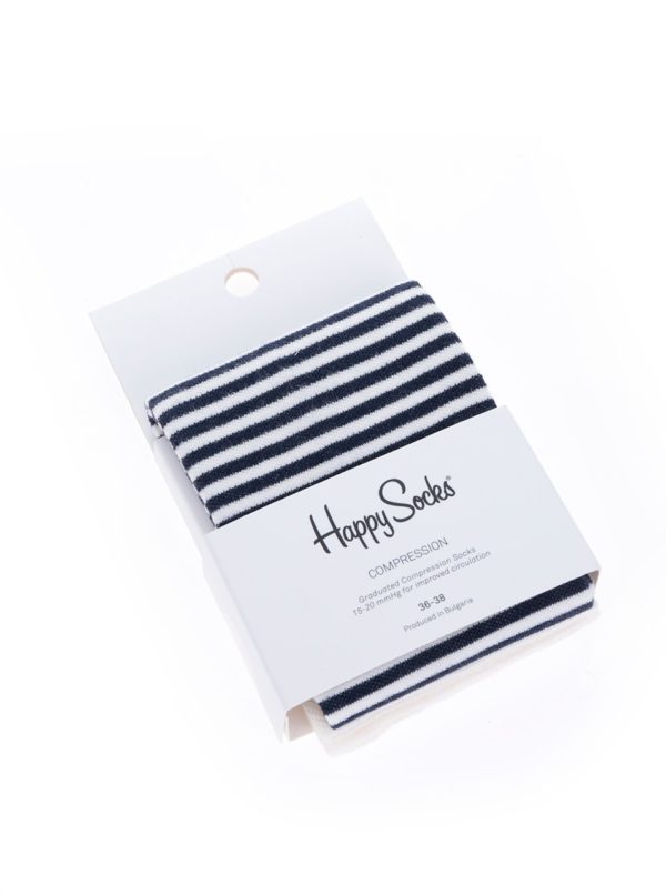 Bielo-modré unisex pruhované kompresné podkolienky Happy Socks Compression Half Stripe